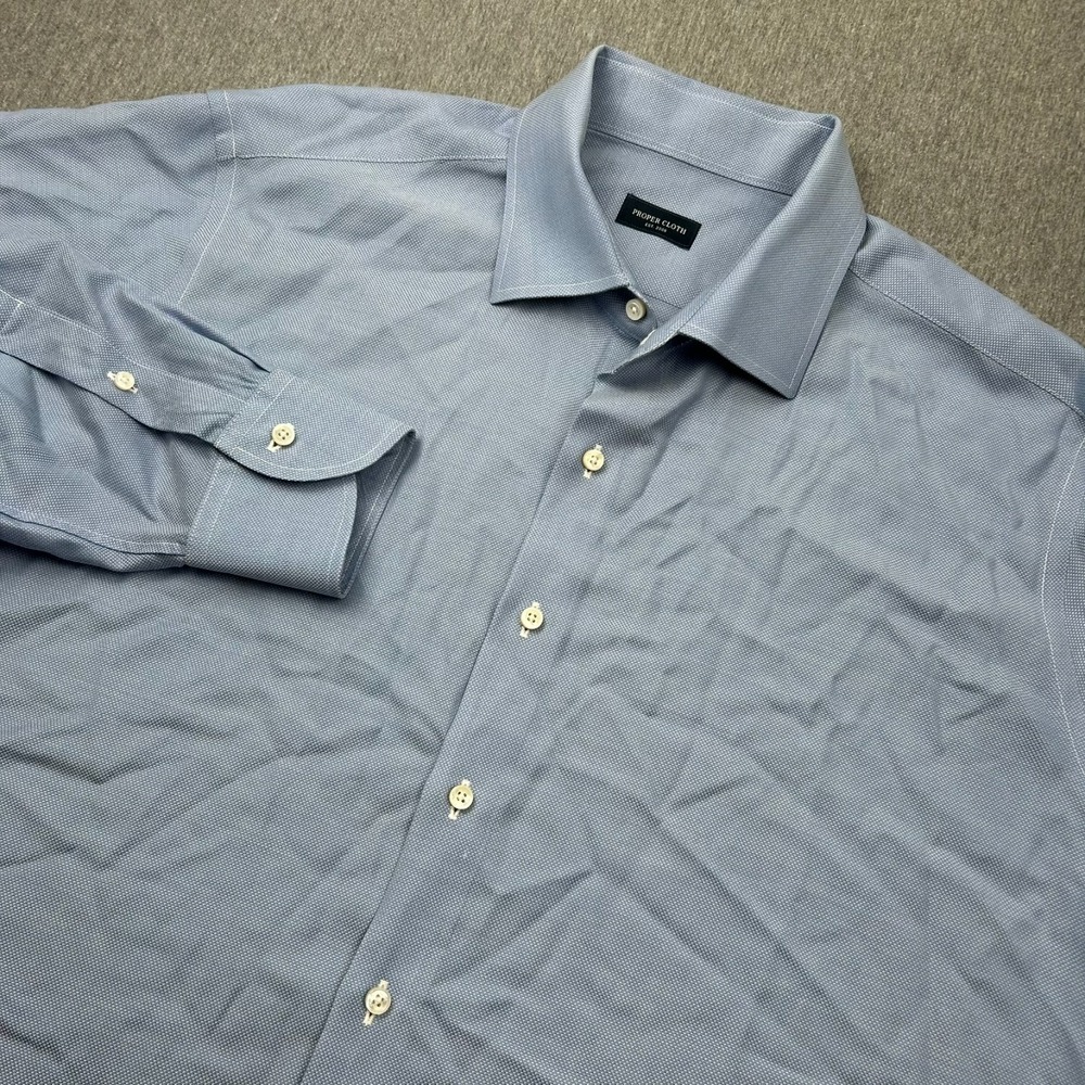 Proper Cloth Button Up Long Sleeve Shirt Mens 19-34.4 Merino Wool Blue Oxford